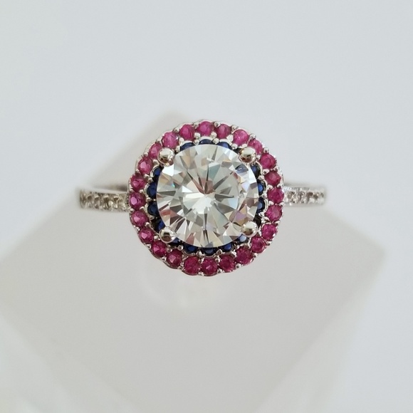 18k Red, White & Blue Halo Ring
